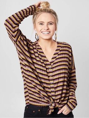 BKE Striped Drop Shoulder Top Ribbed Snap Down Multicolored Women’s M Mustard